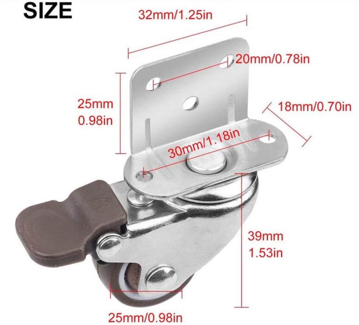 Casters Set of 4 with Brakes - 25mm + Screws TPR Rubber Heavy Duty Wheels 15KG - Furniture Casters for Furniture - Casters for Trolley - Heavy Duty Casters - Rubber Trolley Wheels - Image 2