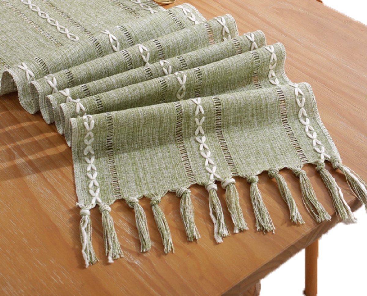 Table Runner - Bohemian Style Table Runner - 33 x 120cm - Green - Polyester - Rustic Farmhouse Style Table Runner - For Party & Dining Decorations - Boho Tassel Embroidered Table Runners - Image 1