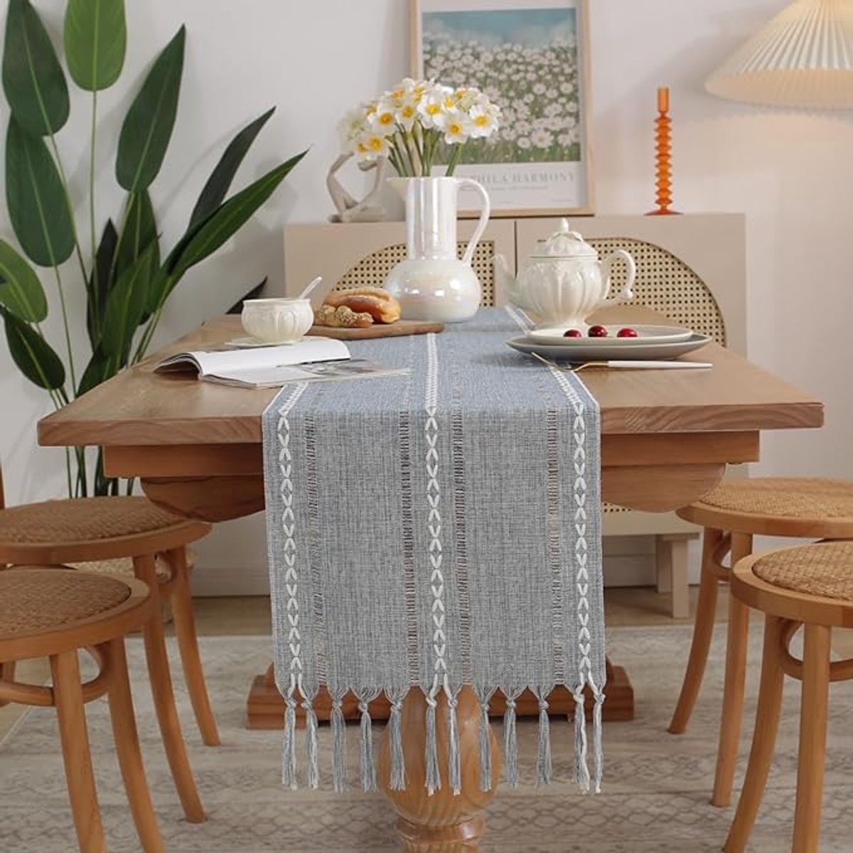 Table Runner - Bohemian Style Table Runner - 33 x 120cm - Blue - Polyester - Rustic Farmhouse Style Table Runner - For Party & Dining Decorations - Boho Tassel Embroidered Table Runners - Image 1