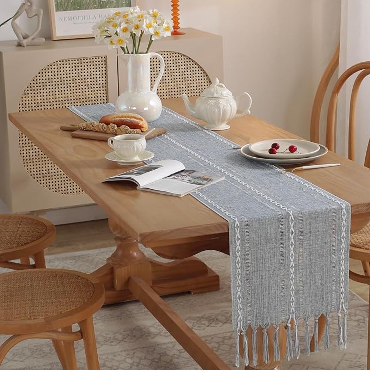 Table Runner - Bohemian Style Table Runner - 33 x 120cm - Blue - Polyester - Rustic Farmhouse Style Table Runner - For Party & Dining Decorations - Boho Tassel Embroidered Table Runners - Image 3