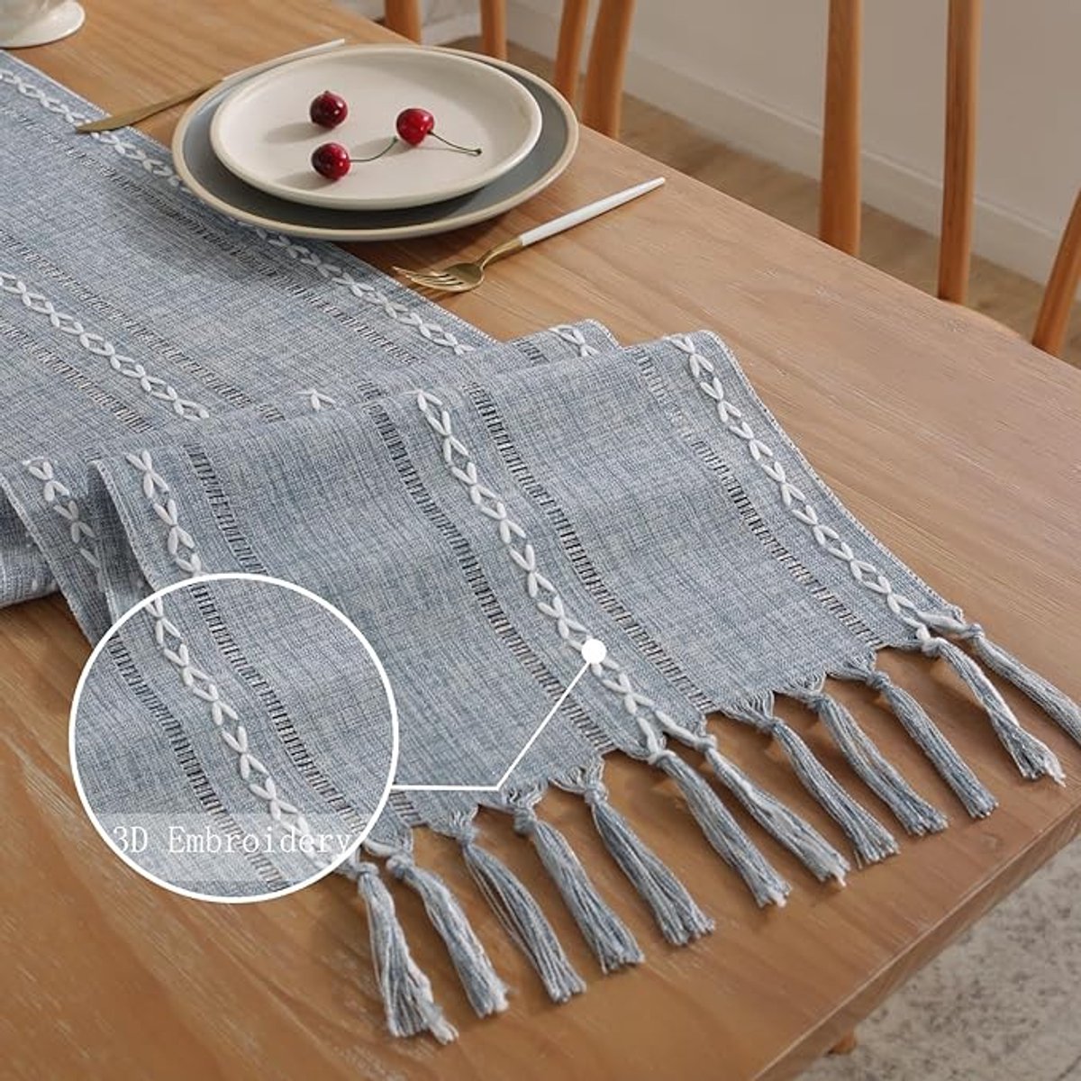 Table Runner - Bohemian Style Table Runner - 33 x 120cm - Blue - Polyester - Rustic Farmhouse Style Table Runner - For Party & Dining Decorations - Boho Tassel Embroidered Table Runners - Image 4