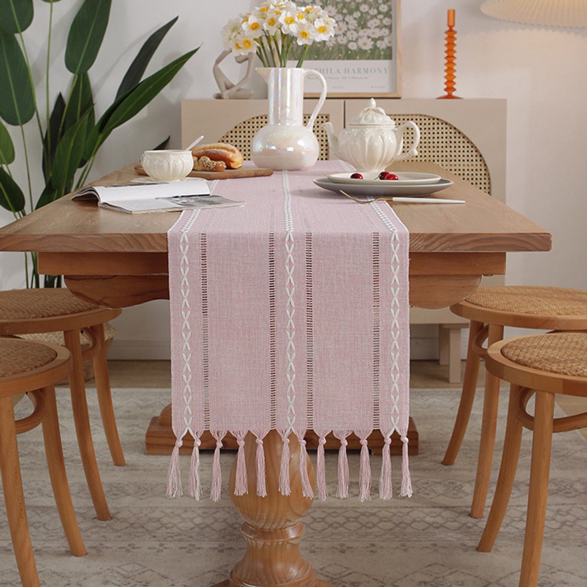Table Runner - Bohemian Style Table Runner - 33 x 120cm - Pink - Polyester - Rustic Farmhouse Style Table Runner - For Party & Dining Decorations - Boho Tassel Embroidered Table Runners - Image 1