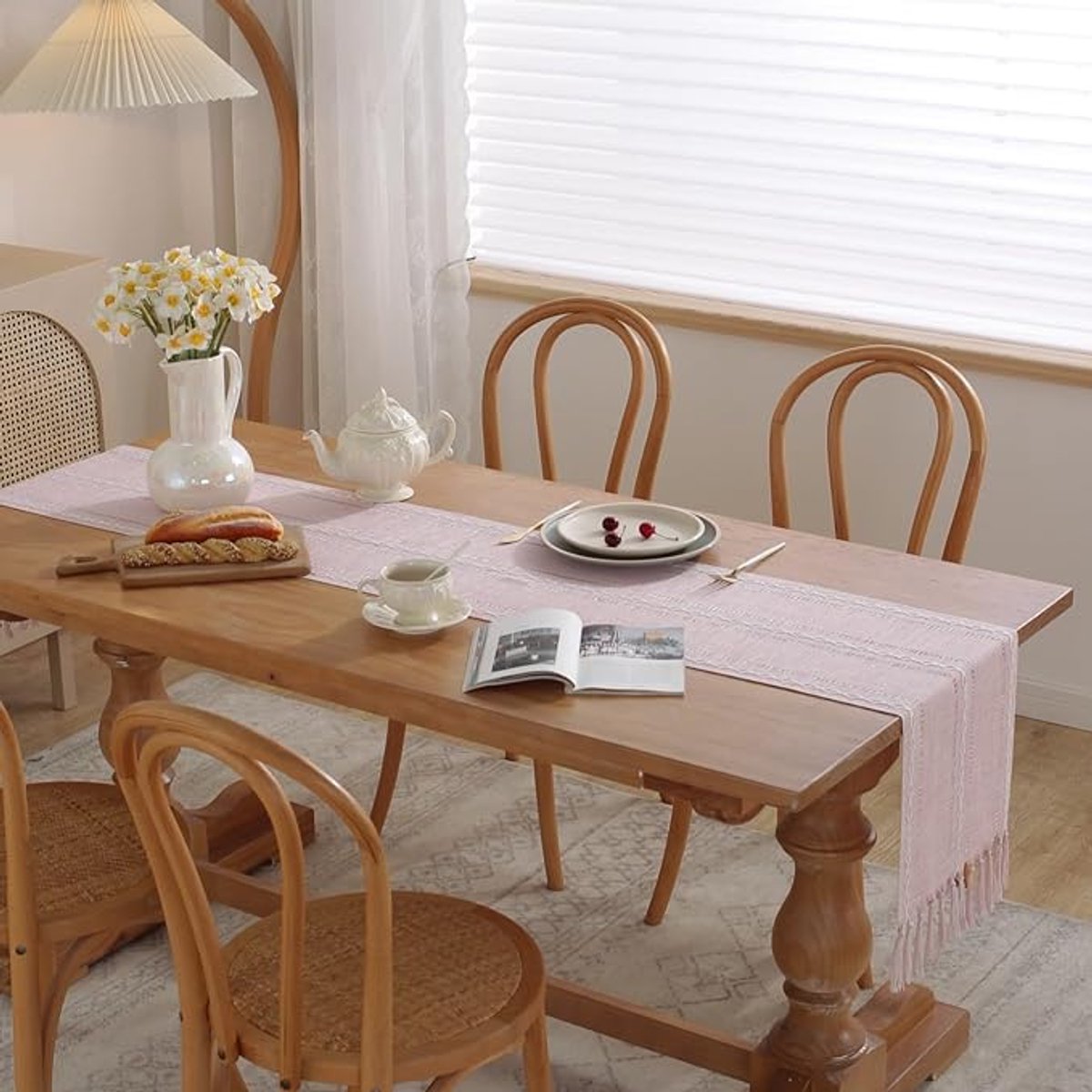 Table Runner - Bohemian Style Table Runner - 33 x 120cm - Pink - Polyester - Rustic Farmhouse Style Table Runner - For Party & Dining Decorations - Boho Tassel Embroidered Table Runners - Image 2