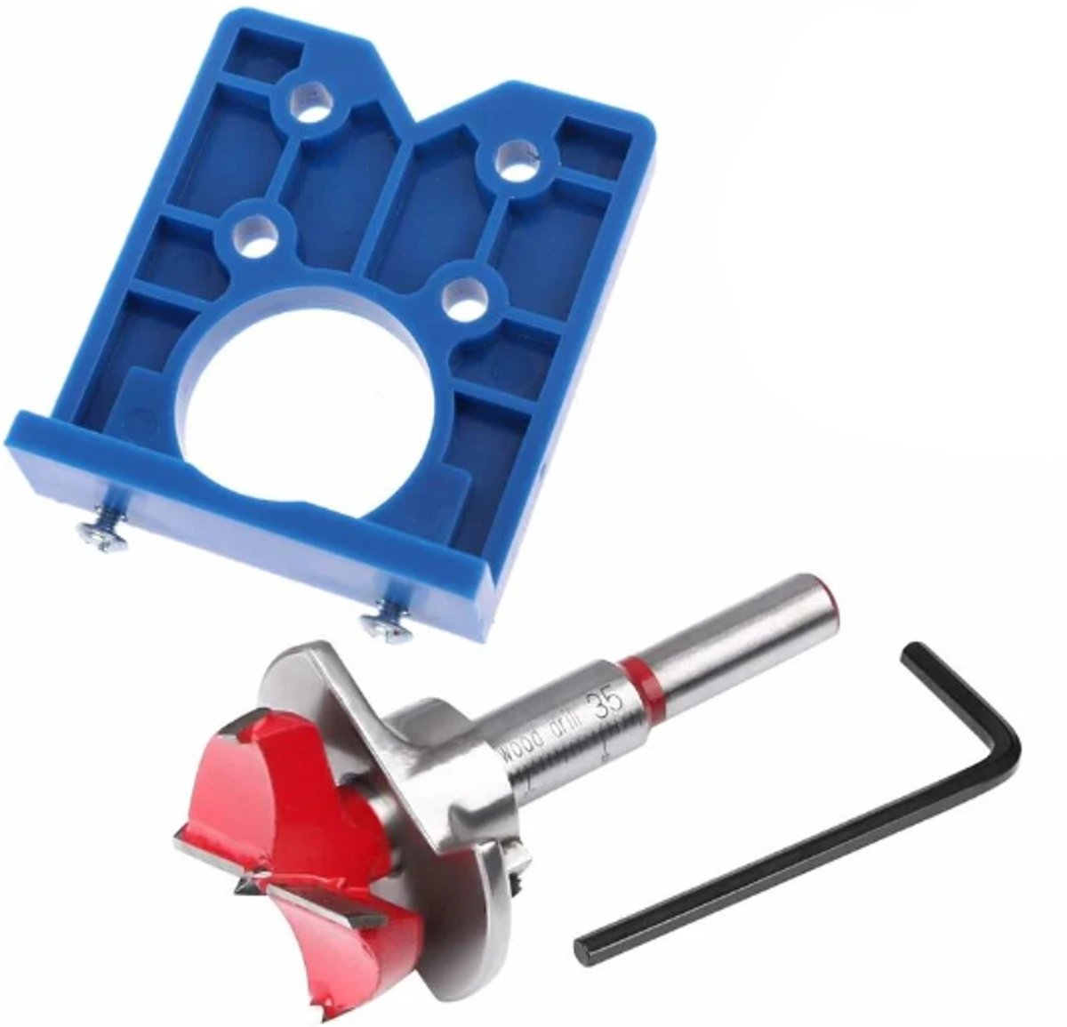 Drill guide - hinge gauge - Drill bit accessories - for 35mm hinge holes - 77*66mm - PP, TPR, carbon steel - blue - for carpentry, cabinet hinges and mounting plates - Image 1