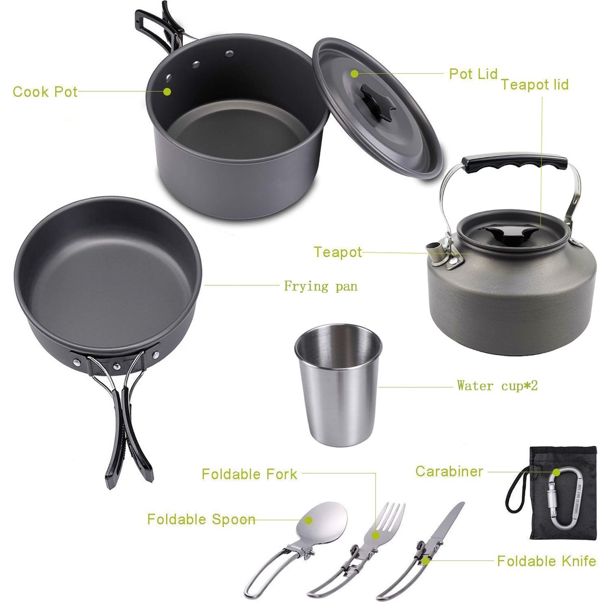 Cookware - 9-piece - for camping, outdoor, hiking, picnic, BBQ, foldable camping pans - safe and BPA - Suitable for 2-3 people camping pan set - Image 2