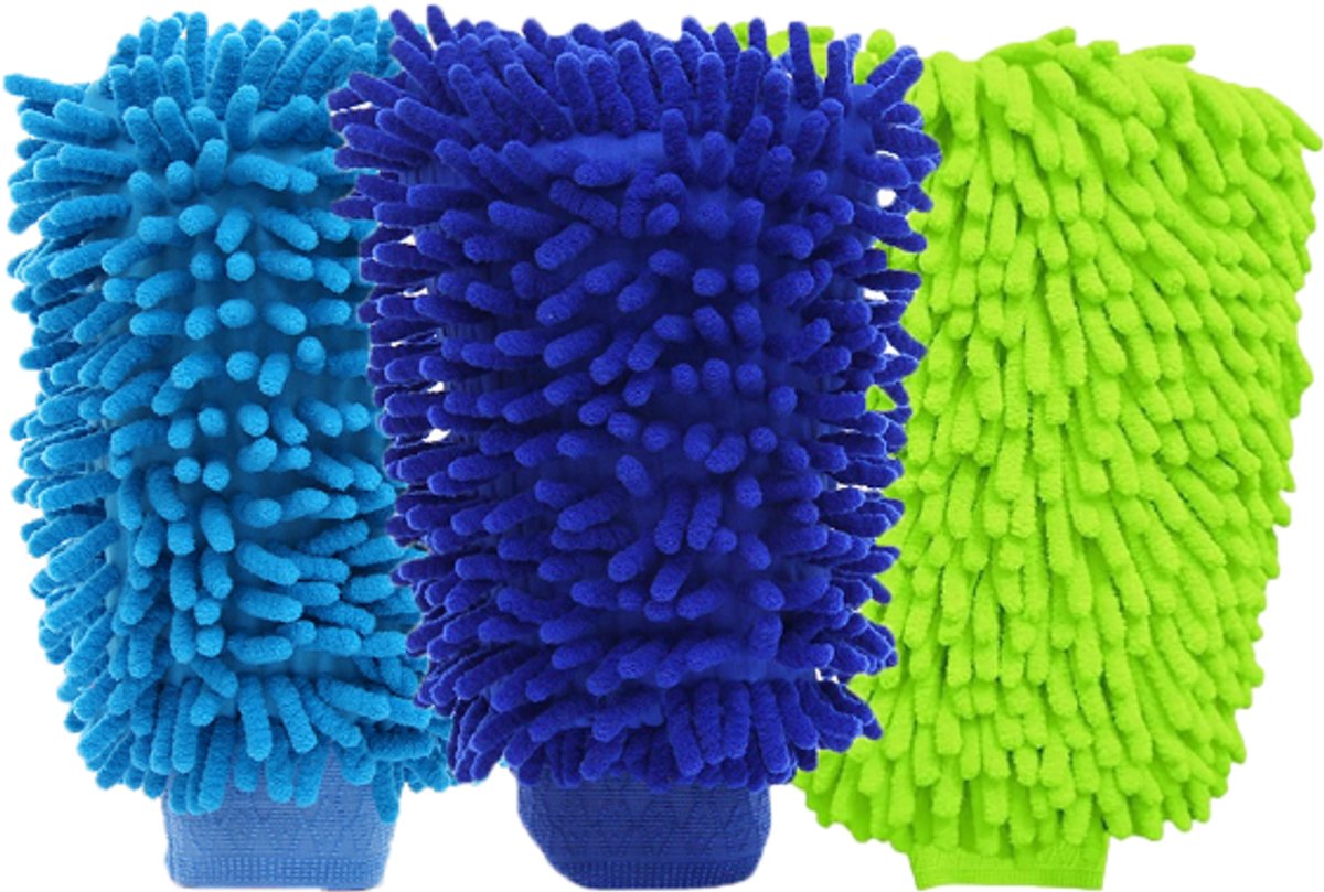 Household Gloves - 3 Pieces - Cleaning Gloves - Car Wash Glove - Double-Sided Microfiber Glove - For Cars and Household Cleaning - 15*23 CM - Dark Blue/Light Green/Blue - Image 1