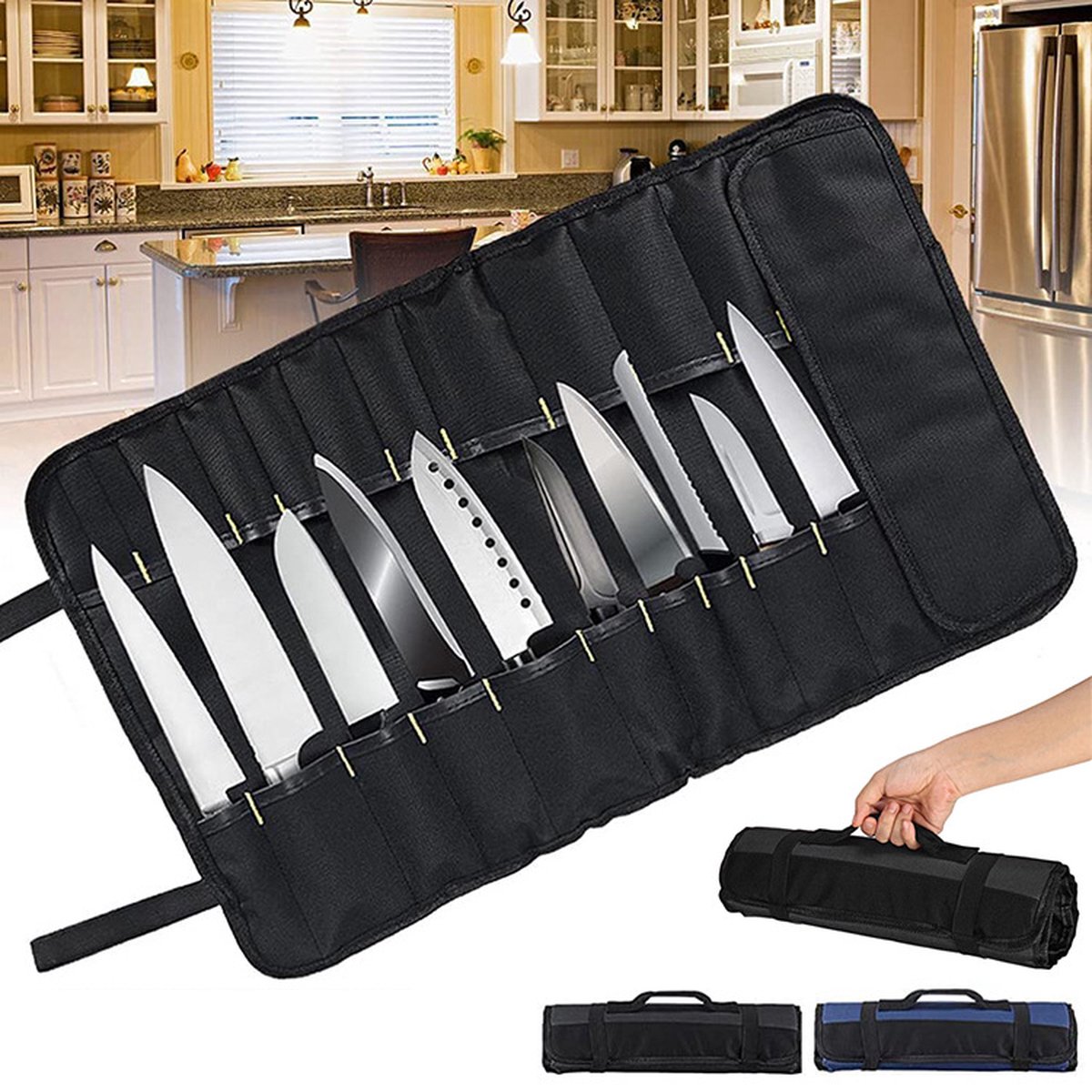 Knife Set Storage Bag - Professional Chef's Cutlery Bag - Chef's Knife Bag For up to 22 Knives - Black - Kitchen Set - Chef's Knife Roll - Chef's Knife Roll Bag - Travel Tool Roll Pouch Storage - 35.5*58 cm - Knives not included - Image 1