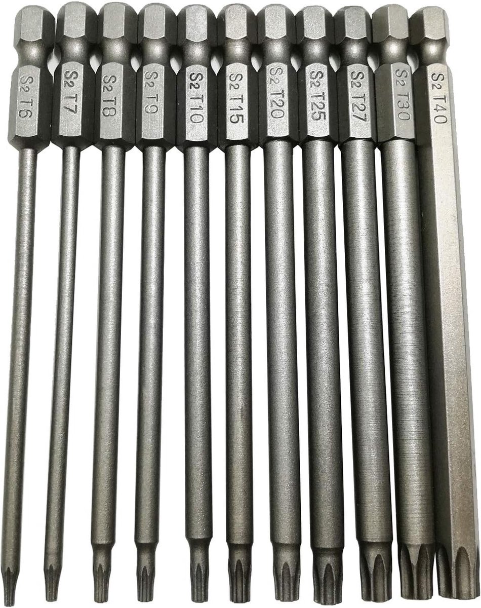 11 pieces - Screwdriver bits - Screwdriver bit set - Long Torx screwdriver set - Hollow Torx bit set - S2 steel - with security head - hexagon shaft - 100mm - T6 T7 T8 T9 T10 T15 T20 T25 T27 T30 T40 - Image 1