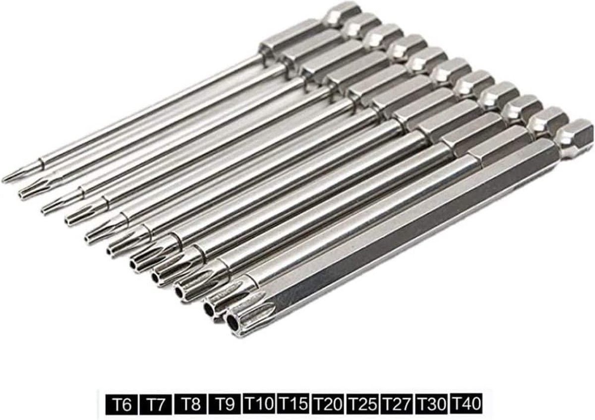 11 pieces - Screwdriver bits - Screwdriver bit set - Long Torx screwdriver set - Hollow Torx bit set - S2 steel - with security head - hexagon shaft - 100mm - T6 T7 T8 T9 T10 T15 T20 T25 T27 T30 T40 - Image 3