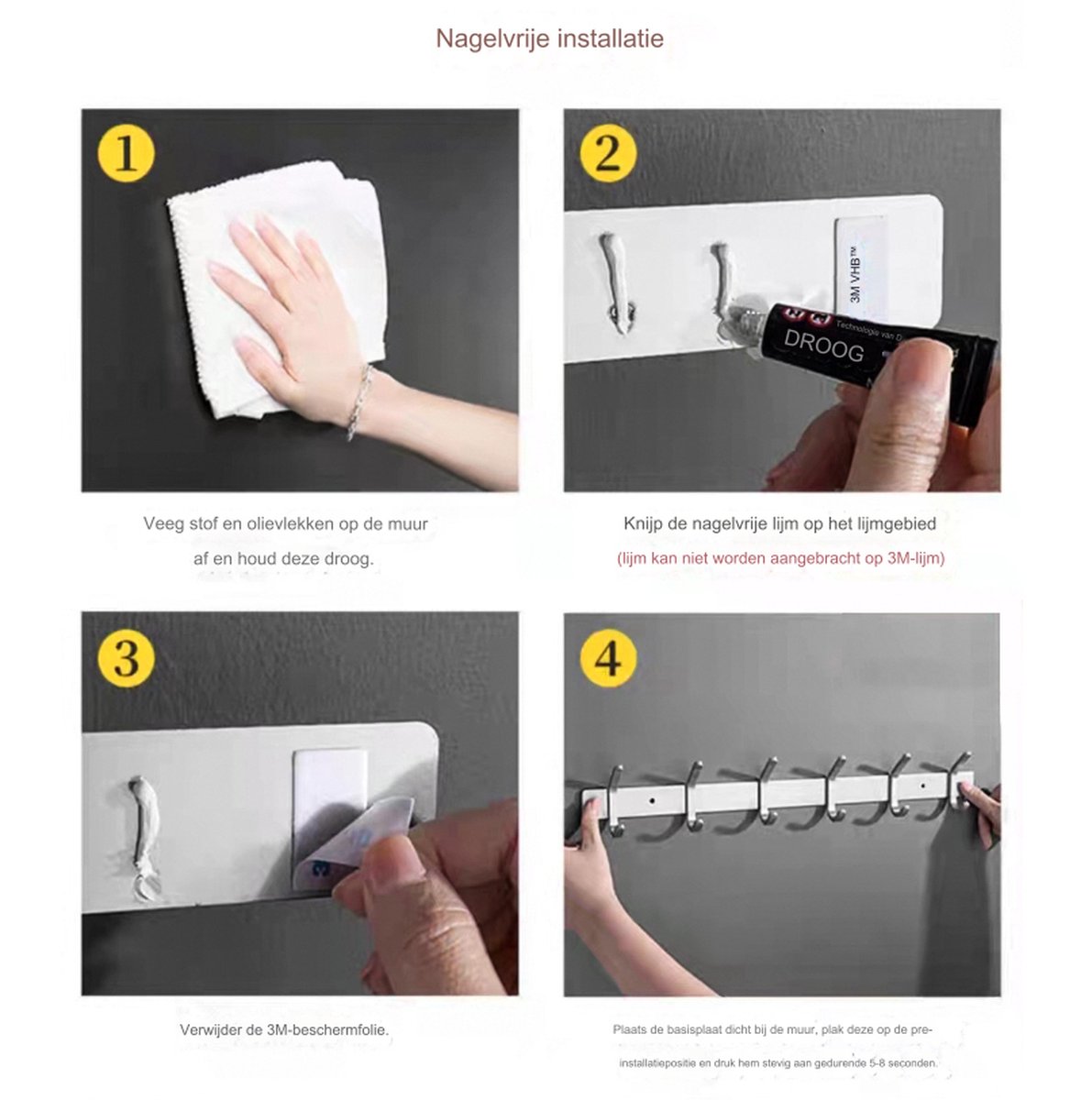Wardrobe hooks - 6 hooks Stainless steel - Hook strip - Clothes hooks - For wall, wardrobe rail, wall wardrobe for bedroom, bathroom, kitchen - Silver - Coat hooks - 40.5 cm - Image 7