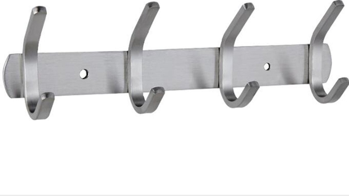 Wardrobe hooks - 4 hooks Stainless steel - Hook strip - Clothes hooks - For wall, wardrobe rail, wall wardrobe for bedroom, bathroom, kitchen - Silver - Coat hooks - Image 1