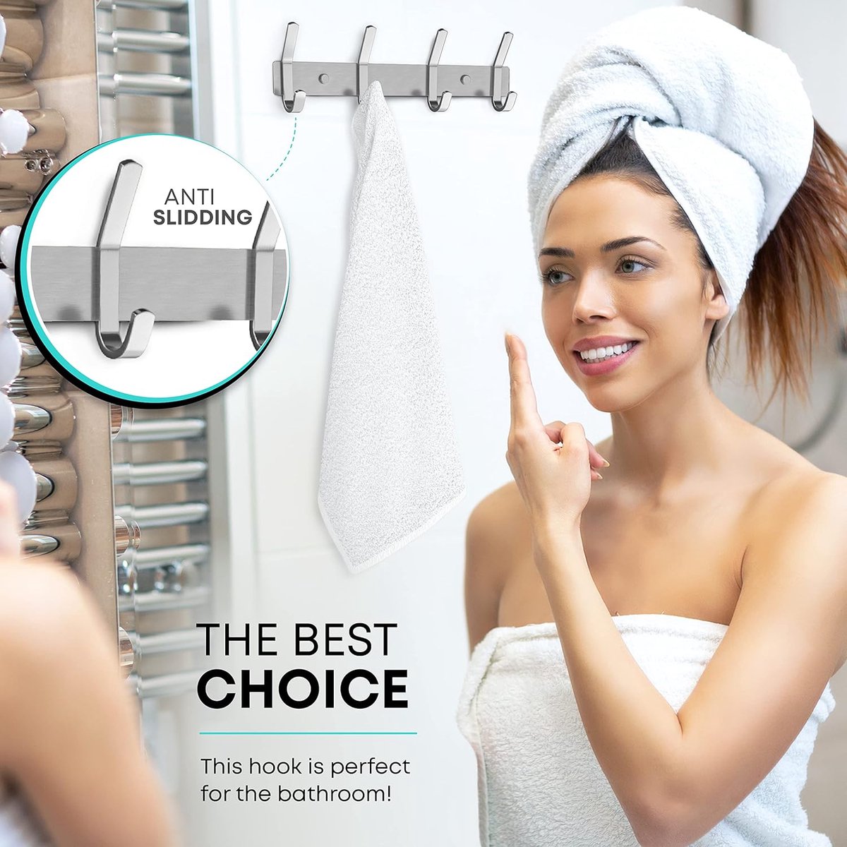 Wardrobe hooks - 4 hooks Stainless steel - Hook strip - Clothes hooks - For wall, wardrobe rail, wall wardrobe for bedroom, bathroom, kitchen - Silver - Coat hooks - Image 4