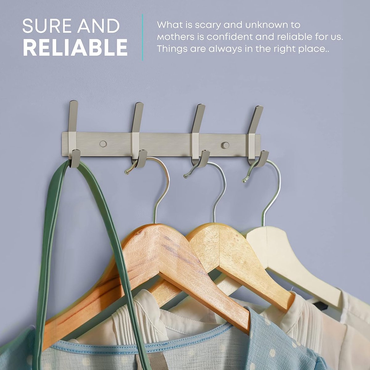 Wardrobe hooks - 5 hooks Stainless steel - Hook strip - Clothes hooks - For wall, wardrobe rail, wall wardrobe for bedroom, bathroom, kitchen - Silver - Coat hooks - 38 cm - Image 4