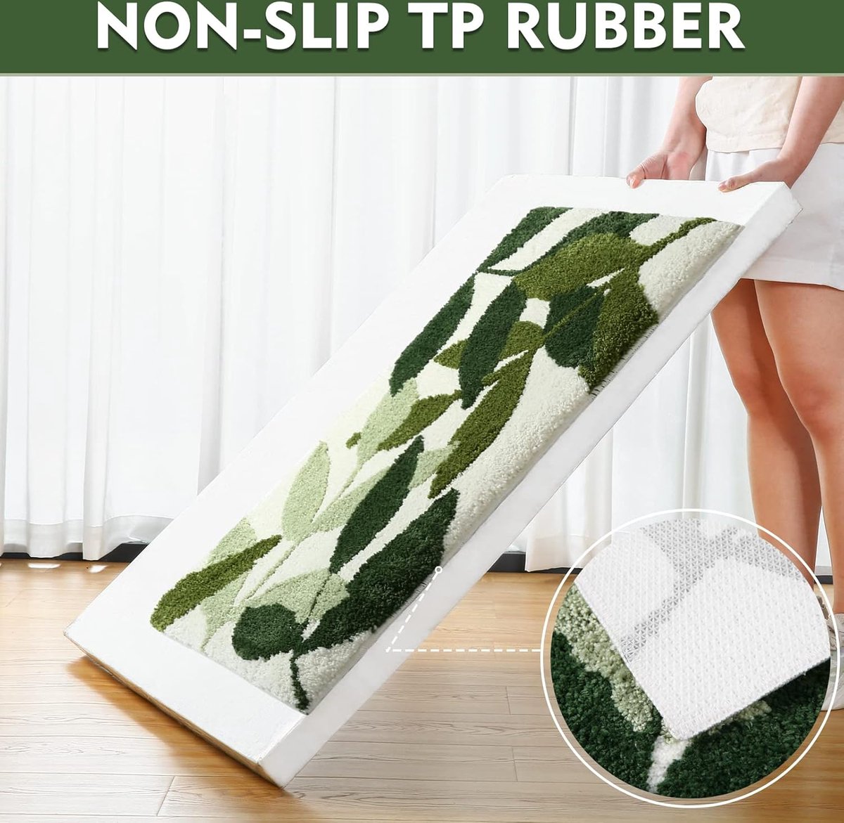 Non-slip bath mat - Non-slip bath mat - 45x65cm - durable water-absorbent bathroom rug - machine washable - soft and comfortable doormat - green leaves - Non-slip - Doormat - Image 3