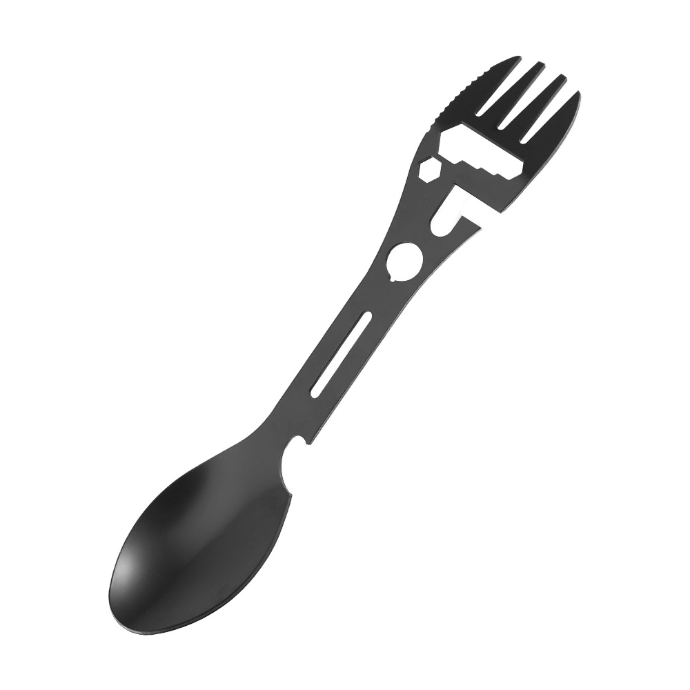 Stainless Steel Spoon and Fork - 10-in-1 Multi-Tool - Works as a combination spoon, fork, knife, bottle opener and wrench - Ideal for picnics, travel, backpacking, hiking and fishing - Black - Image 1