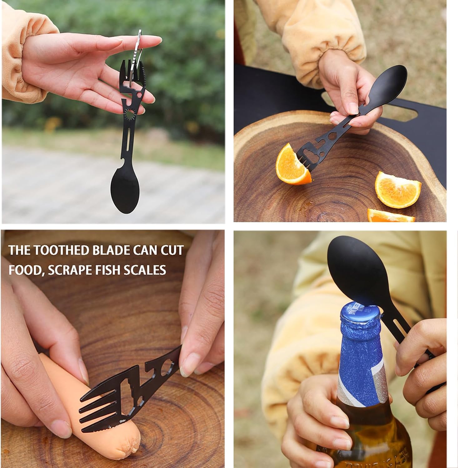 Stainless Steel Spoon and Fork - 10-in-1 Multi-Tool - Works as a combination spoon, fork, knife, bottle opener and wrench - Ideal for picnics, travel, backpacking, hiking and fishing - Black - Image 6