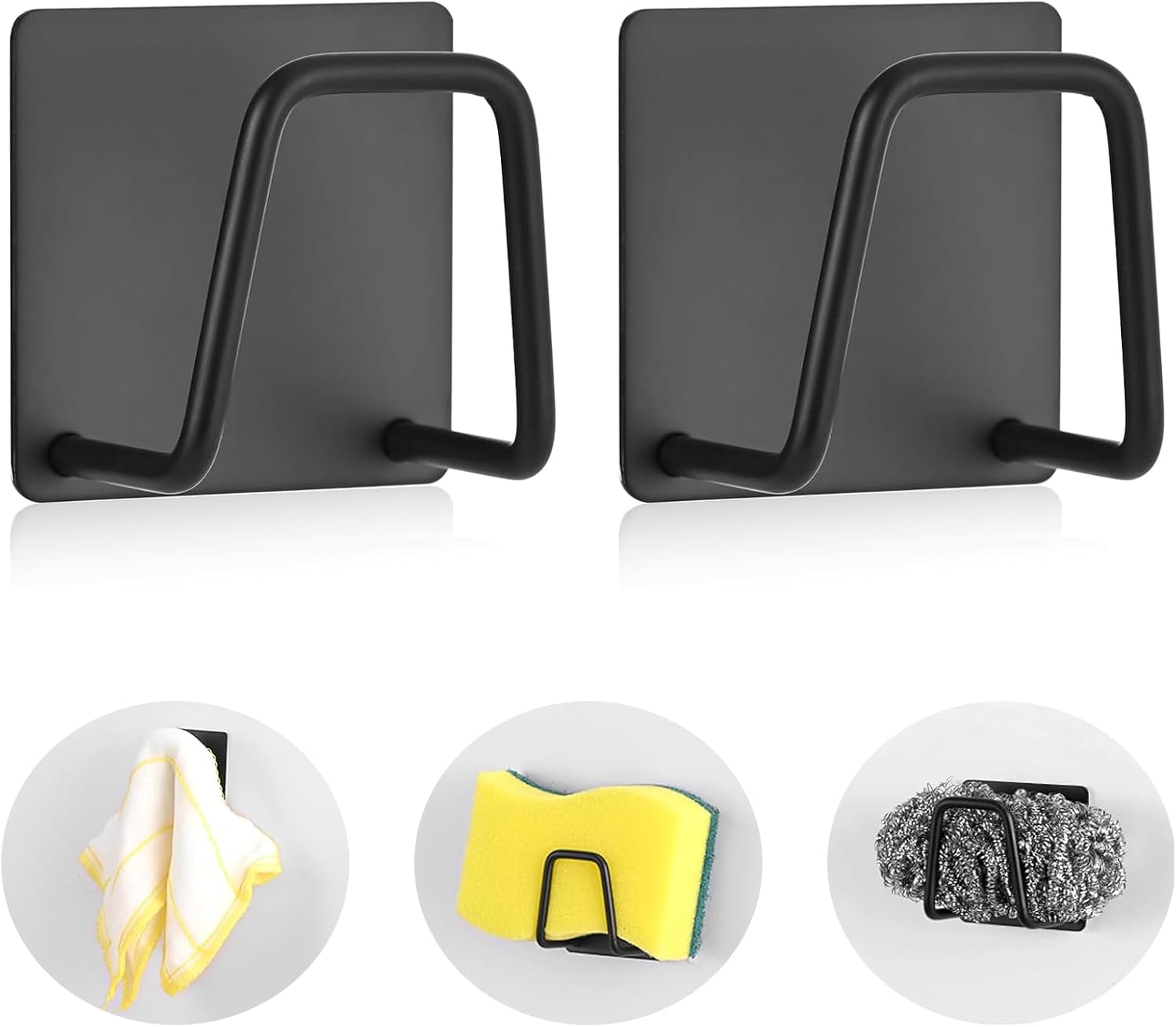Storage rack - Sponge rack - Self-adhesive - Waterproof - Stainless steel sponge rack for the sink - Sink organizer - Dishcloth holder - suitable for smooth tiles, painted walls and mirrors - Pack of 4 - Black - Image 1