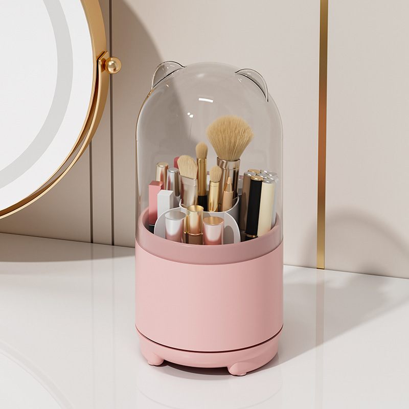 Storage box - storage box with compartments - storage box with lid - Storage rack for makeup - Rotatable - Transparent acrylic material - suitable for dressing tables, desks and bathroom counters - Pink - Image 1