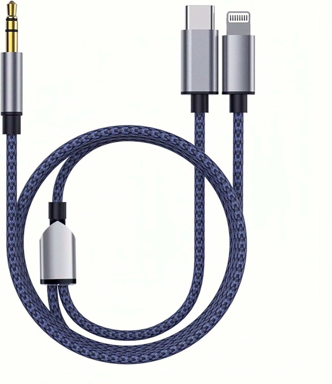 USB C \u0026 Lightning to 3.5mm Aux Audio Adapter Cable Braided Nylon - Image 1