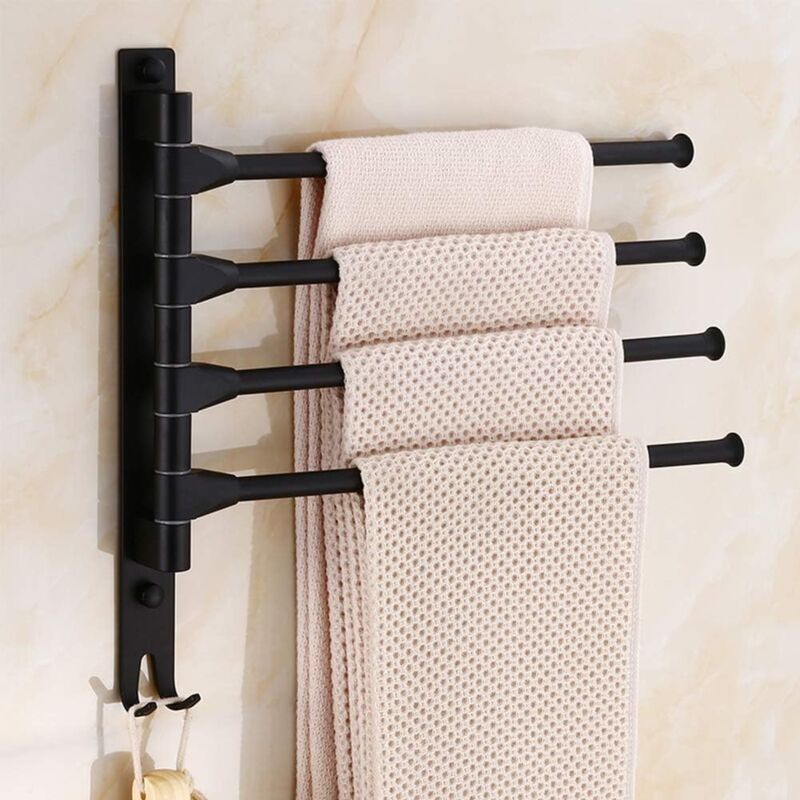 Swivel towel rack wall mounted bathroom towel holder rotating rack space saving 4 arms black - Image 1