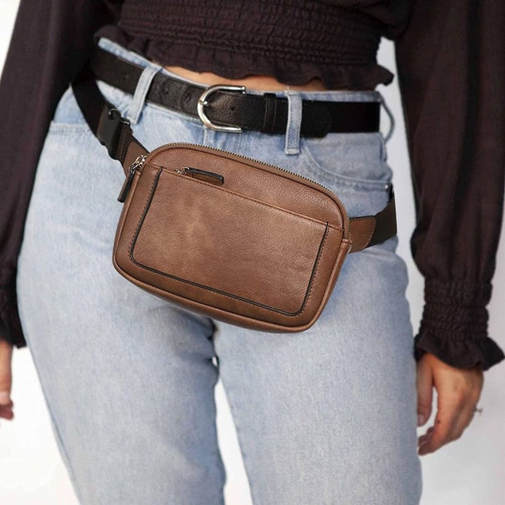 Women's Brown PU Leather Crossbody Waist Belt Bag Travel Fanny Pack - Image 4