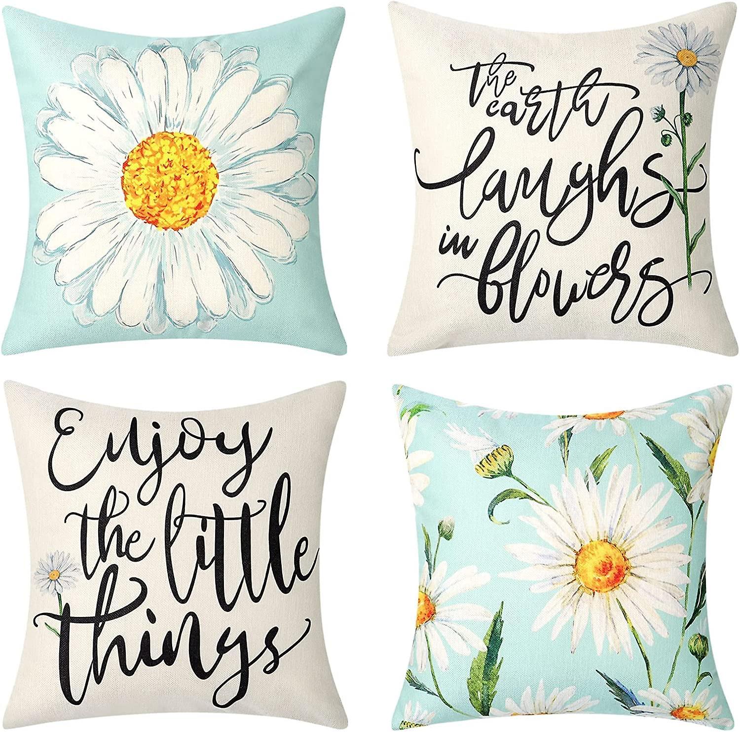 Cushion Cover Set of 4 45x45 cm Daisy Cotton Decorative Cushions Compatible with Modern Garden Living Room Bedroom Decor - Image 1