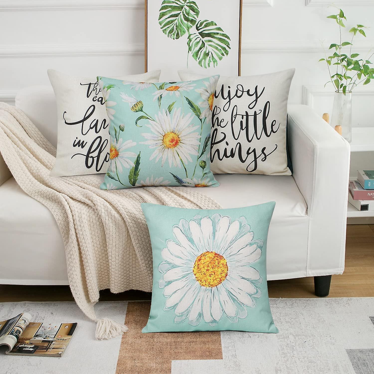 Cushion Cover Set of 4 45x45 cm Daisy Cotton Decorative Cushions Compatible with Modern Garden Living Room Bedroom Decor - Image 3