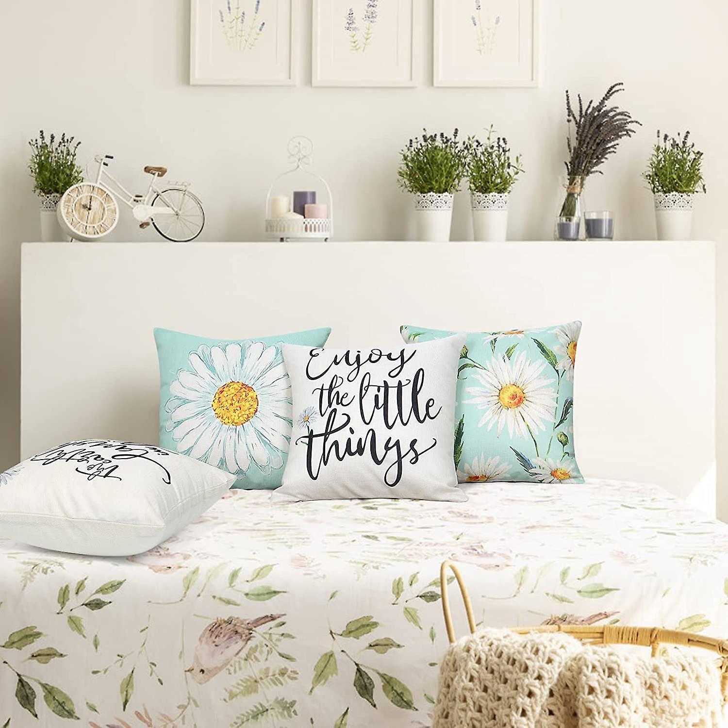 Cushion Cover Set of 4 45x45 cm Daisy Cotton Decorative Cushions Compatible with Modern Garden Living Room Bedroom Decor - Image 4