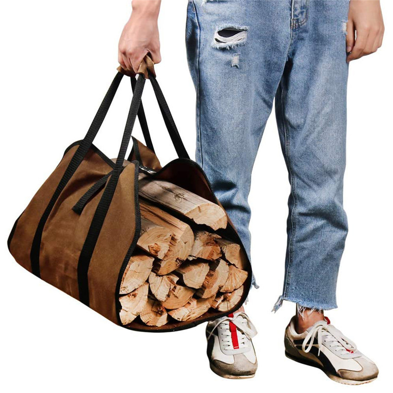 Canvas Firewood Basket Bag Water-Resistant Foldable for Wood-Burning Stoves Camping Accessories - Image 1