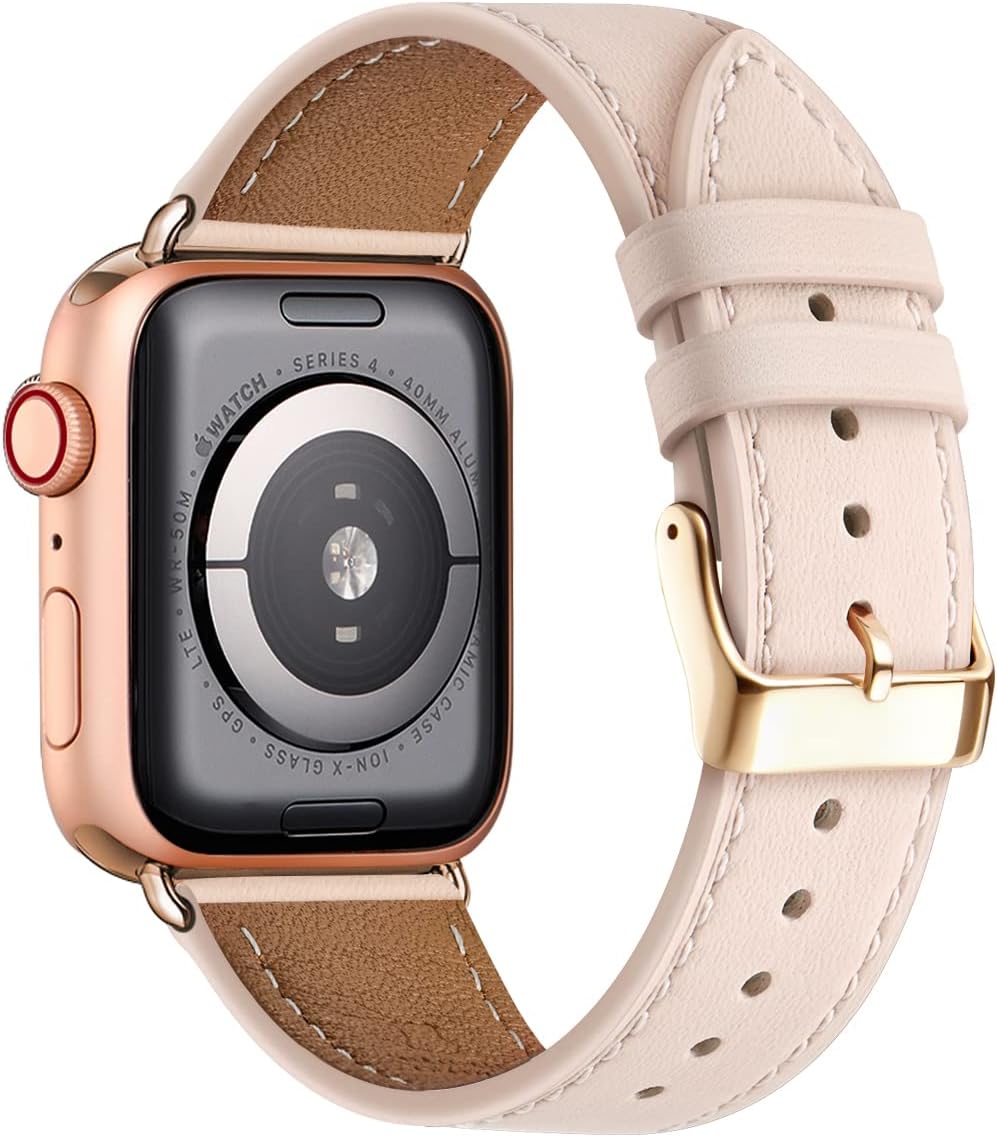 Compatible with Apple Watch Leather Replacement Band Genuine Leather Apple Watch Series 9 8 7 6 5 4 3 2 1 SE Ultra 38mm 40mm 41mm Rose Gold Pink - Image 1