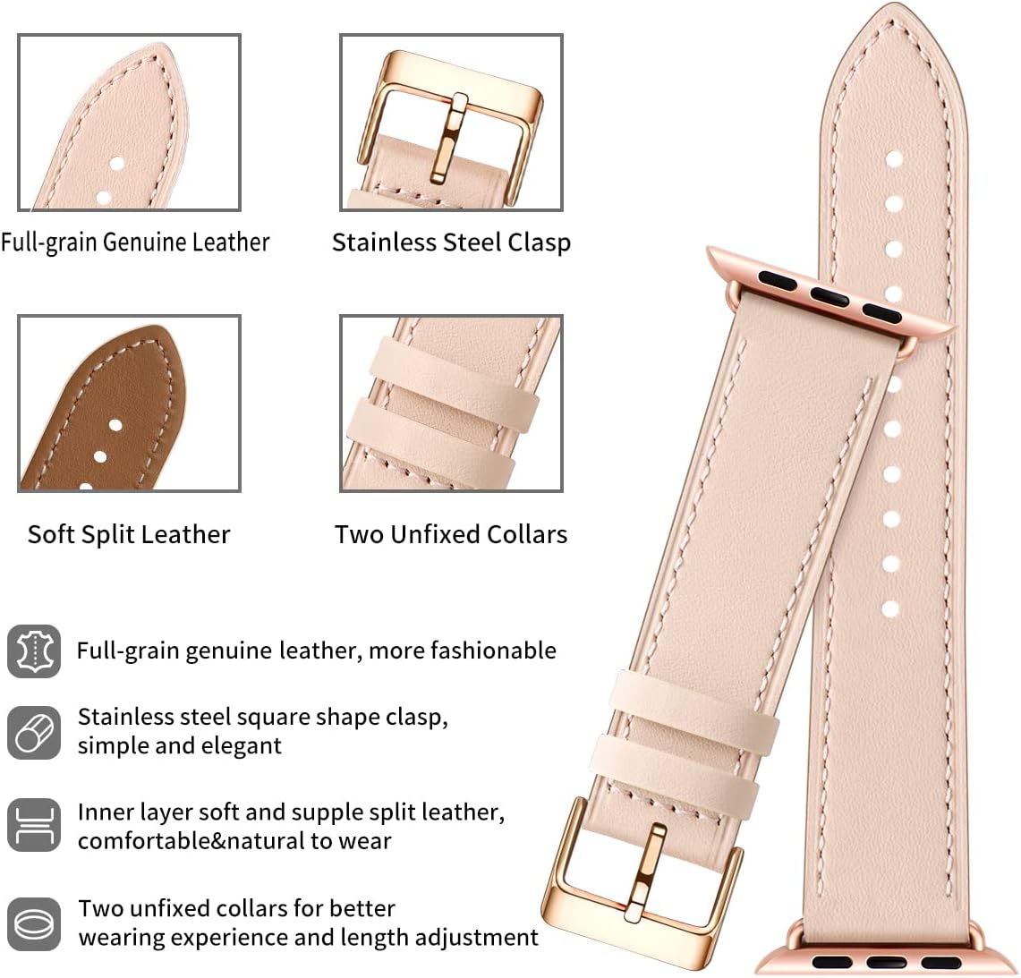 Compatible with Apple Watch Leather Replacement Band Genuine Leather Apple Watch Series 9 8 7 6 5 4 3 2 1 SE Ultra 38mm 40mm 41mm Rose Gold Pink - Image 3