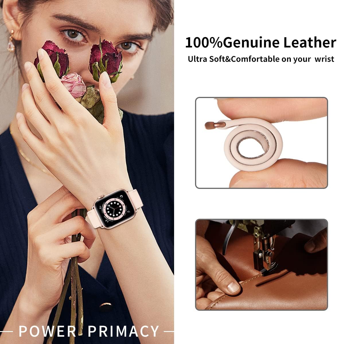 Compatible with Apple Watch Leather Replacement Band Genuine Leather Apple Watch Series 9 8 7 6 5 4 3 2 1 SE Ultra 38mm 40mm 41mm Rose Gold Pink - Image 4