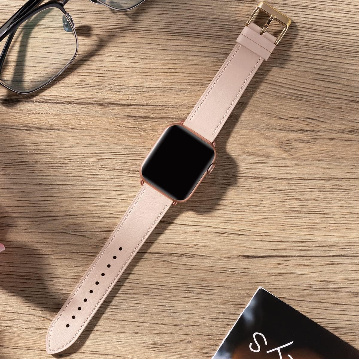 Compatible with Apple Watch Leather Replacement Band Genuine Leather Apple Watch Series 9 8 7 6 5 4 3 2 1 SE Ultra 38mm 40mm 41mm Rose Gold Pink - Image 5