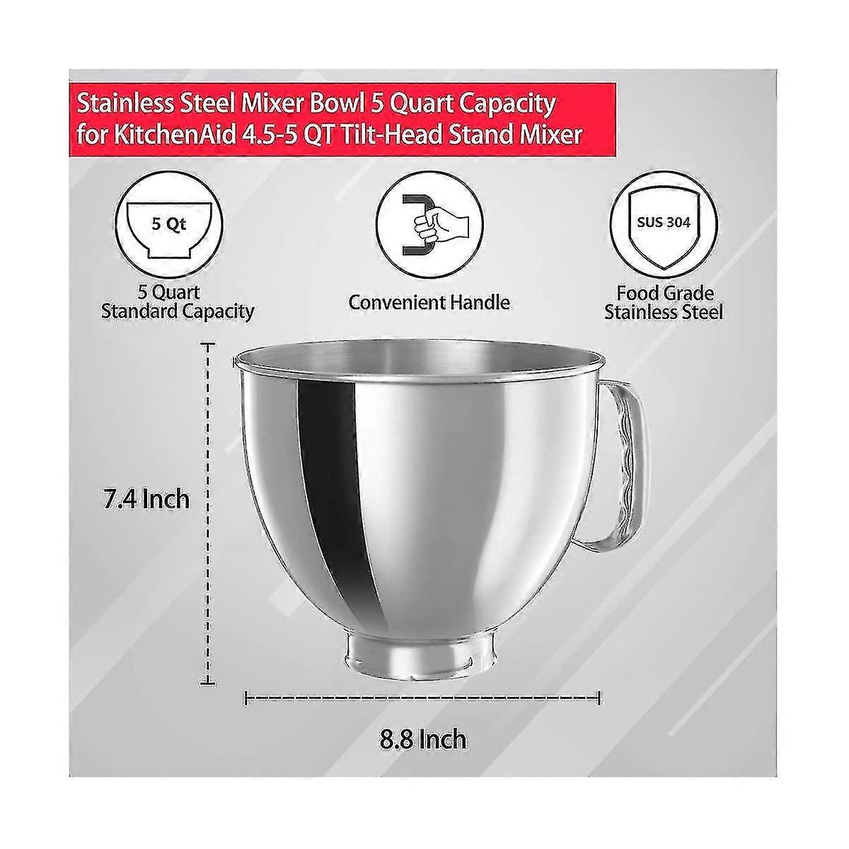 304 Stainless Steel Bowl Compatible with KitchenAid Classic and Artisan 4.5-5 QT Tilt-Head Mixers 5 Quart - Image 2