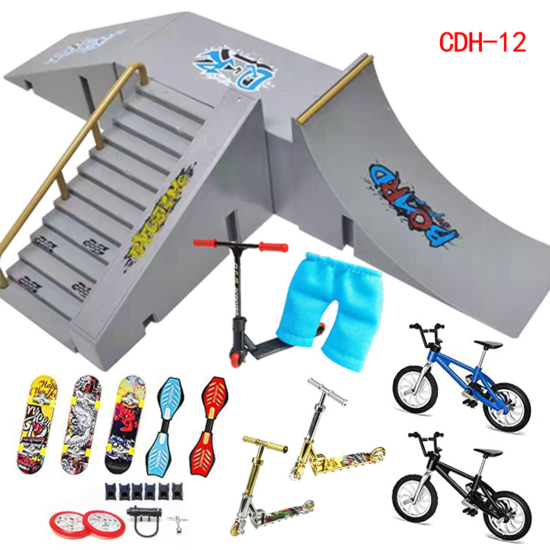 Finger Skateboard Ramp Set 16 Piece Park Kit Compatible with STASHABLES Includes Skateboards Ramps Scooters Skates Bikes Wheels - Image 1