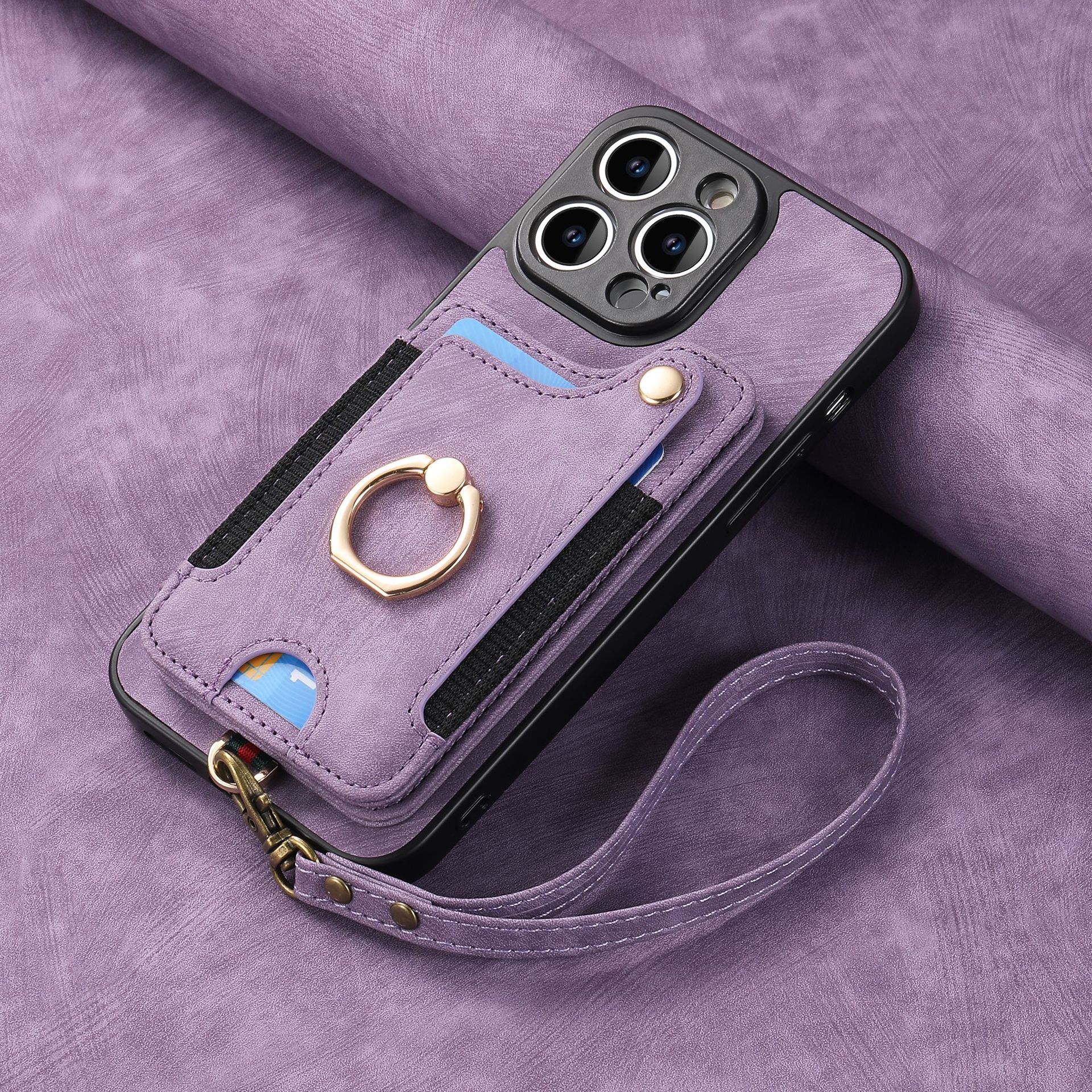 Suitable for iPhone mobile phone leather case RFID anti-theft brush ring buckle lanyard multifunctional card case Light Purple [With Leather Strap] Light Purple [With Leather Lanyard]] iPhone 15 - Image 1