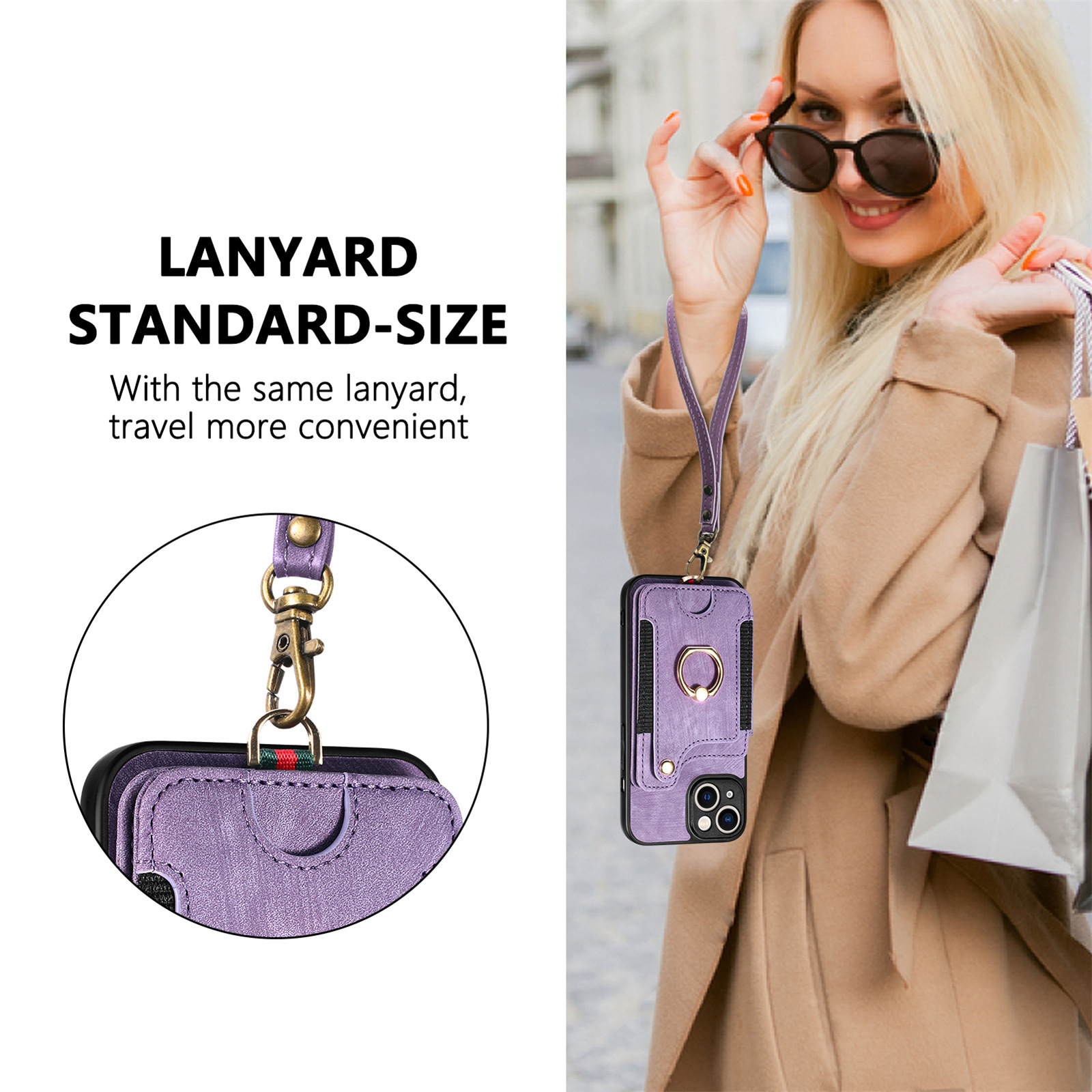 iPhone 11 Compatible Leather Case with RFID Blocking Multi-Functional Card Holder Lanyard Anti-Theft Ring Light Purple - Image 2