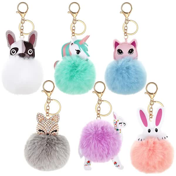 6-Pack Cute Animal Pom Pom Keychain, Faux Plush Fluffy Keychains For Girls - Image 1