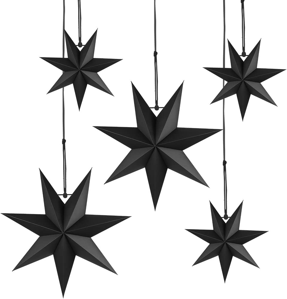 Hanging Christmas Decorations, 5 pcs Hanging Black Stars, Black Paper Star, 3 pcs Diameter 25cm, 2 pcs Diameter 40cm for Wedding, Christmas Party, DIY Black - Image 1