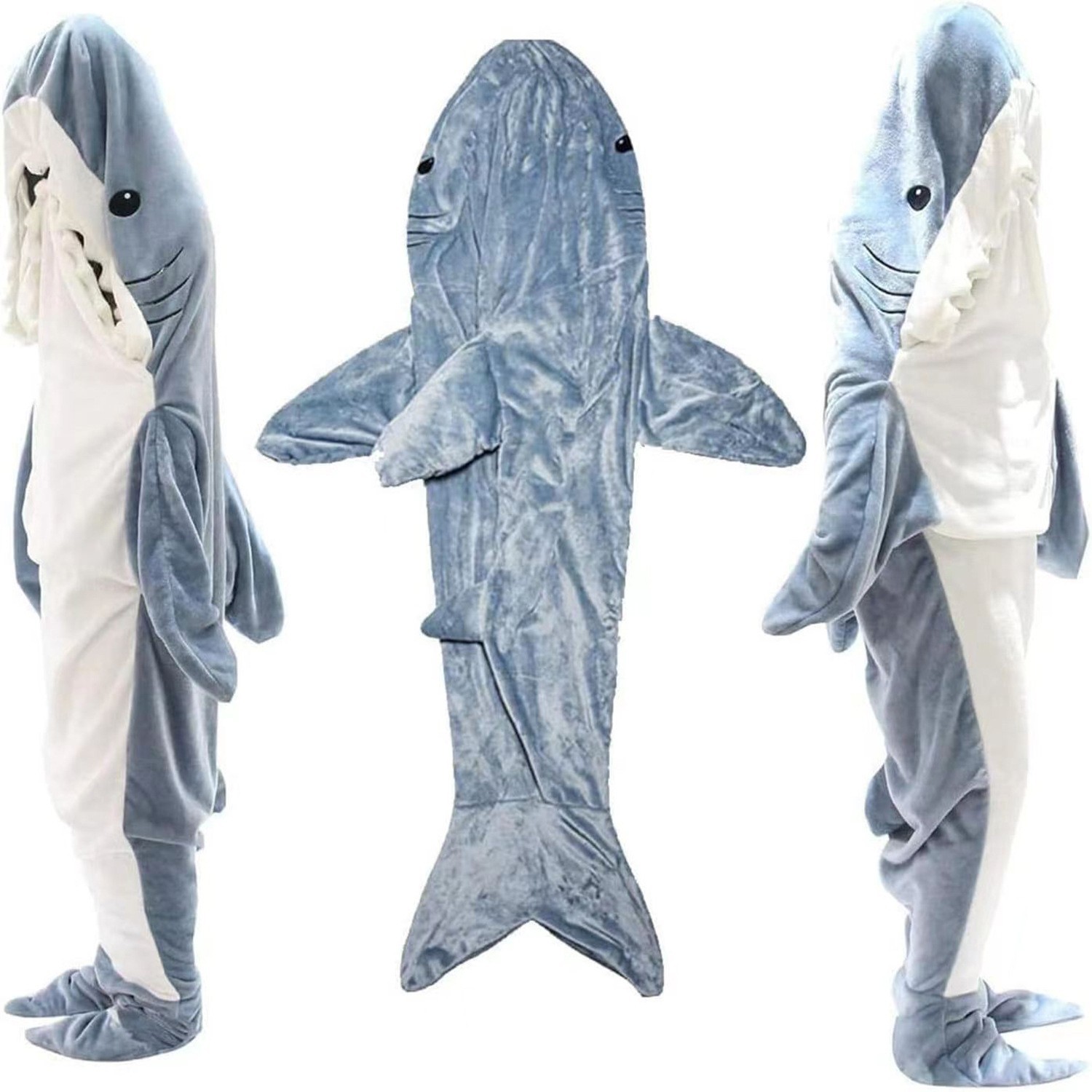 Shark-shaped sleeping bag blanket cartoon animal jumpsuit flannel men's and women's home clothes shark pajamas Blue-gray shark 140 - Image 1