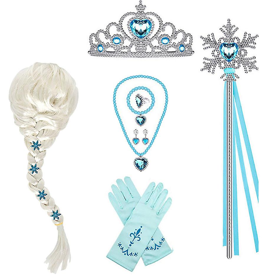 Elsa Cosplay Costume Set with Princess Dress, Gloves, Crown, Wand, Jewelry, Wig, Necklace, Braid - Image 1
