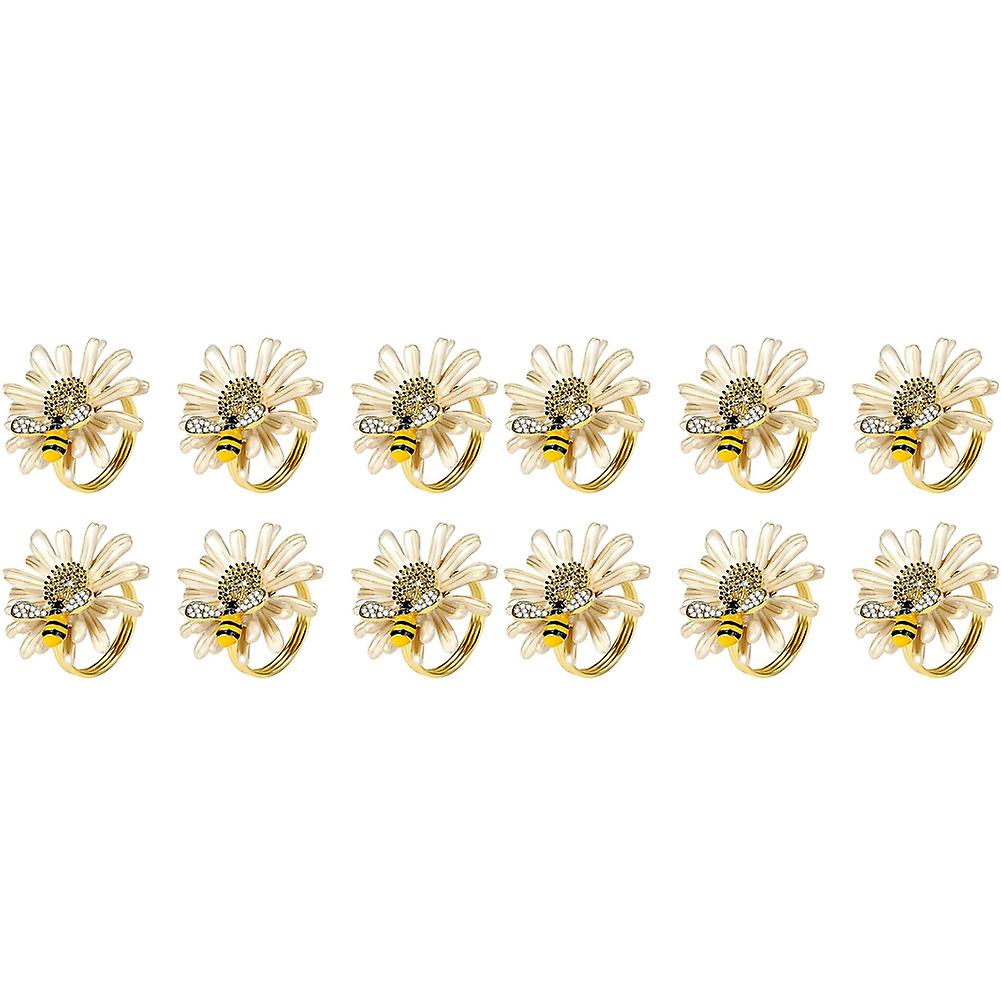 Set of 12 Daisies and Sunflowers Napkin Rings, Gold Napkin Ring Holders with Bees for Formal or Casual Dining - Image 1