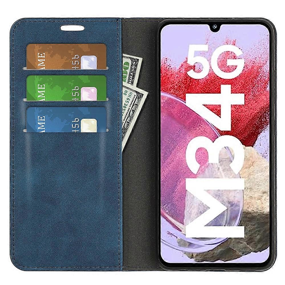 Compatible with Samsung Galaxy M34 5G Phone Case Retro Skin Magnetic Leather Dark Blue - Image 4