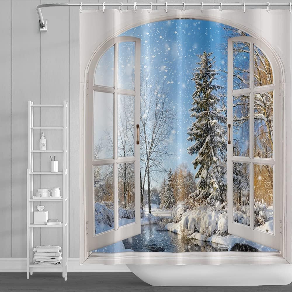 Winter Snow Scene Shower Curtain 180cm x 180cm Blue Sky Christmas Tree River Holiday Bath Curtain - Image 1