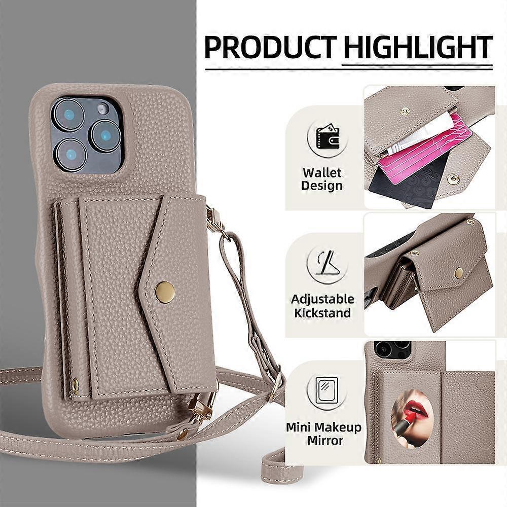 iPhone 14 Pro Case Horizontal Card Pocket Litchi Texture Long Cord Grey - Image 2