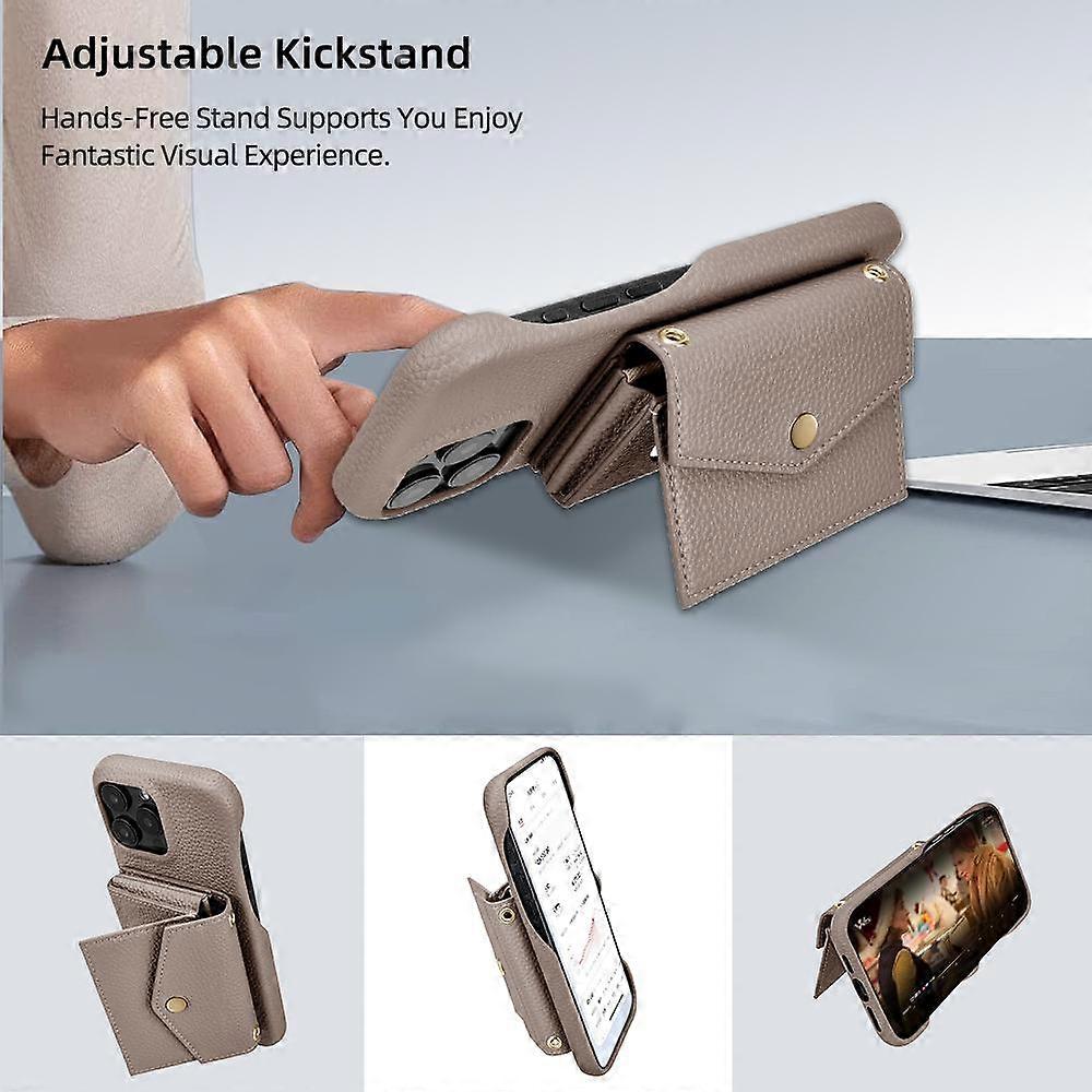 iPhone 14 Pro Case Horizontal Card Pocket Litchi Texture Long Cord Grey - Image 4