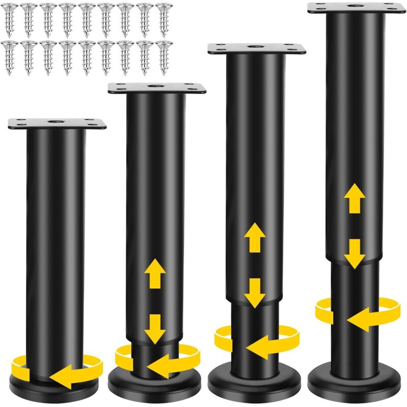 Furniture Legs Black 4 pcs Adjustable 18-30 cm with 18 Screws Metal Cabinet Feet for Sofa Table Chair - Image 1