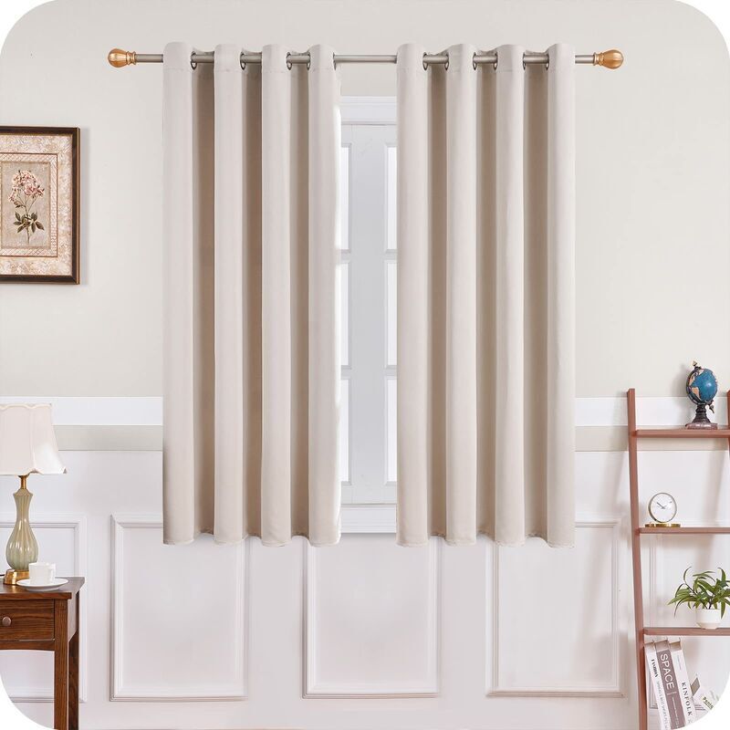 Short Beige Thermal Insulating Blackout Curtains Set of 2 with Eyelets 140 x 160 cm Compatible with DEBUNS for Small Window Living Room Bedroom - Image 1