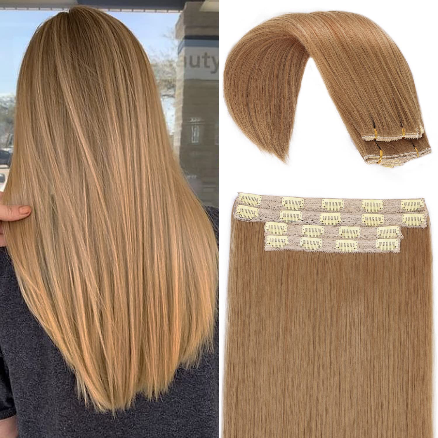 Synthetic Hair Extensions 20 Inch Straight Clip in Long Thick for Women ST-Honey Blonde - Image 1