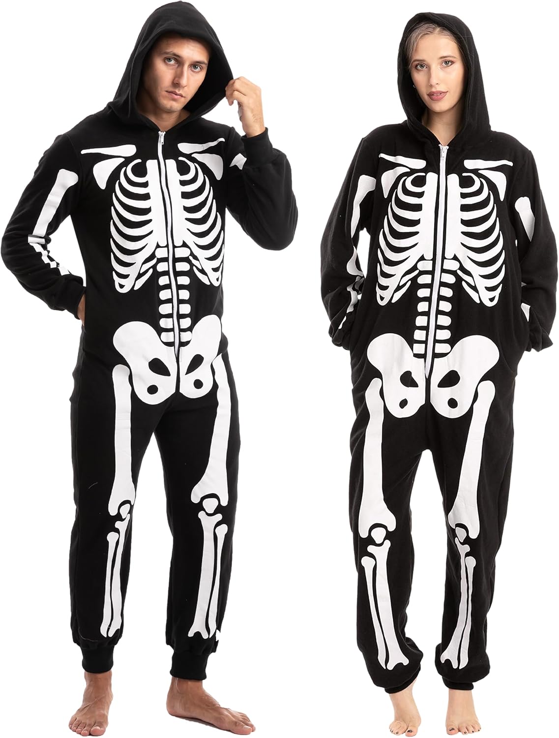 Unisex Skeleton Onesie Pajamas Plush Skeleton Jumpsuit Zipper Halloween Hoodie Pajamas for Adults Sleepwear Costume Black XL - Image 1